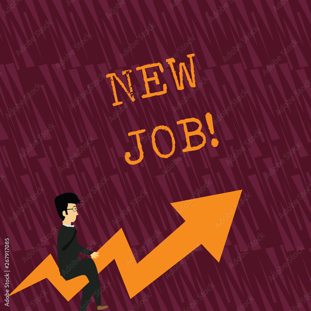 Text sign showing New Job. Business photo showcasing recently having paid position of regular employment Businessman with Eyeglasses Riding Crooked Color Arrow Pointing Going Up Text sign showing New Job. Business photo showcasing recently having paid position of regular employment Businessman with Eyeglasses Riding Crooked Color Arrow Pointing Going Up