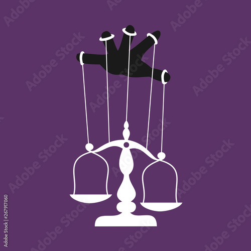 Corruption of judgment / judgement - judicial weigh, scales and balance is corrupted manipulated by hand. Vector illustration