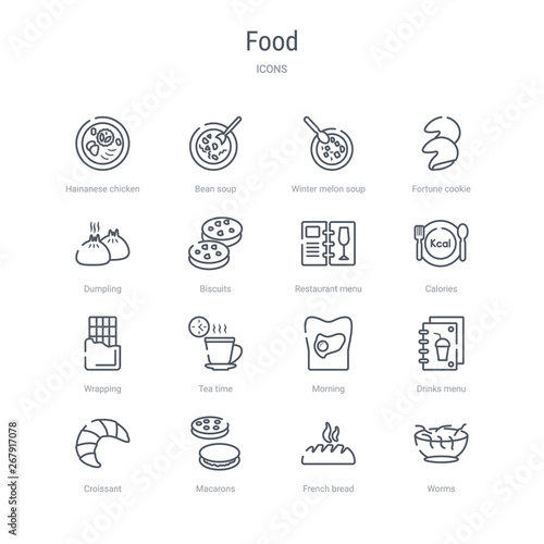 set of 16 food concept vector line icons such as worms, french bread, macarons, croissant, drinks menu, morning, tea time, wrapping. 64x64 thin stroke icons