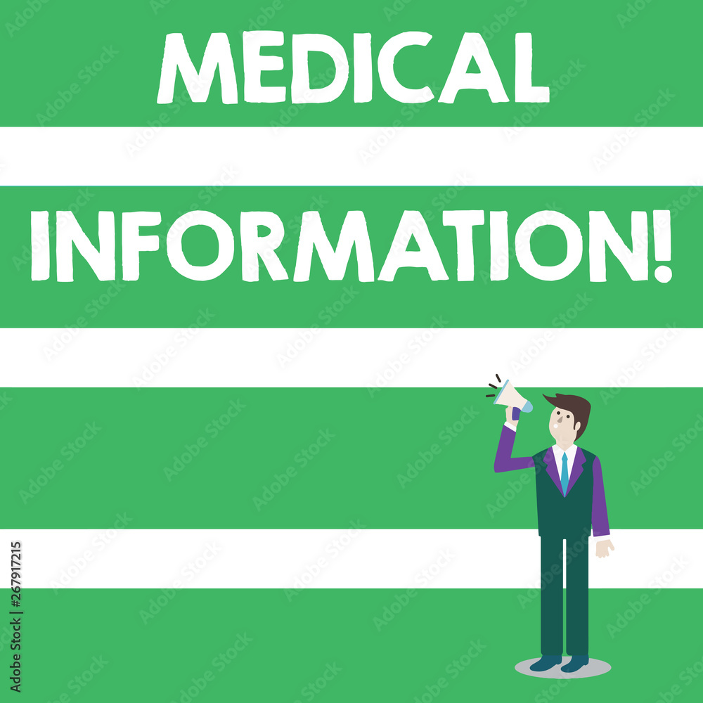 Text sign showing Medical Information. Business photo text Healthrelated information of a patient or a demonstrating Businessman Looking Up, Holding and Talking on Megaphone with Volume Icon Text sign showing Medical Information. Business photo text Healthrelated information of a patient or a demonstrating Businessman Looking Up, Holding and Talking on Megaphone with Volume Icon
