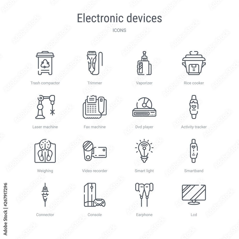 set of 16 electronic devices concept vector line icons such as lcd, earphone, console, connector, smartband, smart light, video recorder, weighing. 64x64 thin stroke icons