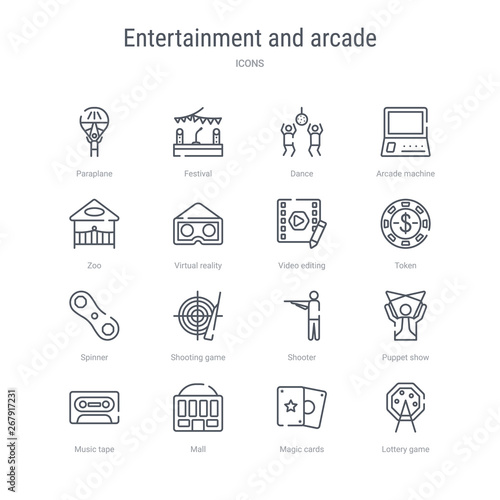 set of 16 entertainment and arcade concept vector line icons such as lottery game, magic cards, mall, music tape, puppet show, shooter, shooting game, spinner. 64x64 thin stroke icons