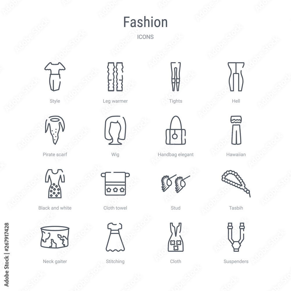 set of 16 fashion concept vector line icons such as suspenders, cloth, stitching, neck gaiter, tasbih, stud, cloth towel, black and white. 64x64 thin stroke icons set of 16 fashion concept vector line icons such as suspenders, cloth, stitching, neck gaiter, tasbih, stud, cloth towel, black and white. 64x64 thin stroke icons