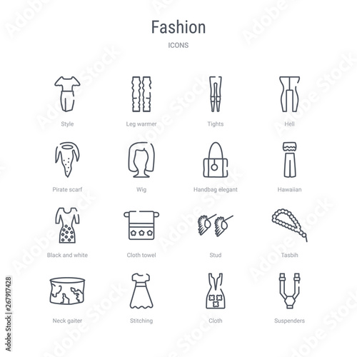 set of 16 fashion concept vector line icons such as suspenders, cloth, stitching, neck gaiter, tasbih, stud, cloth towel, black and white. 64x64 thin stroke icons
