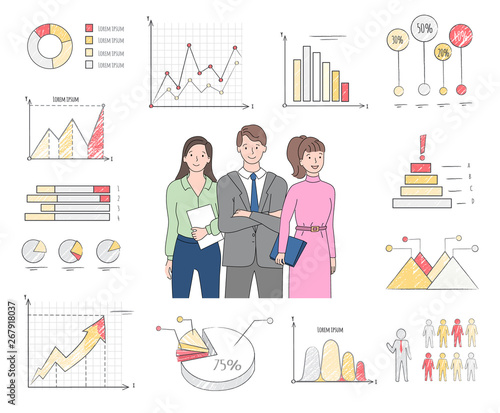 Workers character, set of drawing chart and diagram, graphs report in flat style, closeup view of cartoon man and woman, statistic report vector