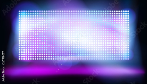 Big led projection screen on the stage. Glowing dots, display pixels. Vector illustration.
