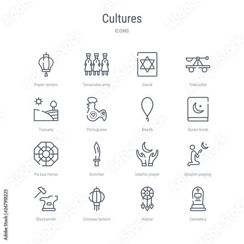 set of 16 cultures concept vector line icons such as cemetery, native, chinese lantern, blacksmith, muslim praying, islamic prayer, scimitar, pa kua mirror. 64x64 thin stroke icons