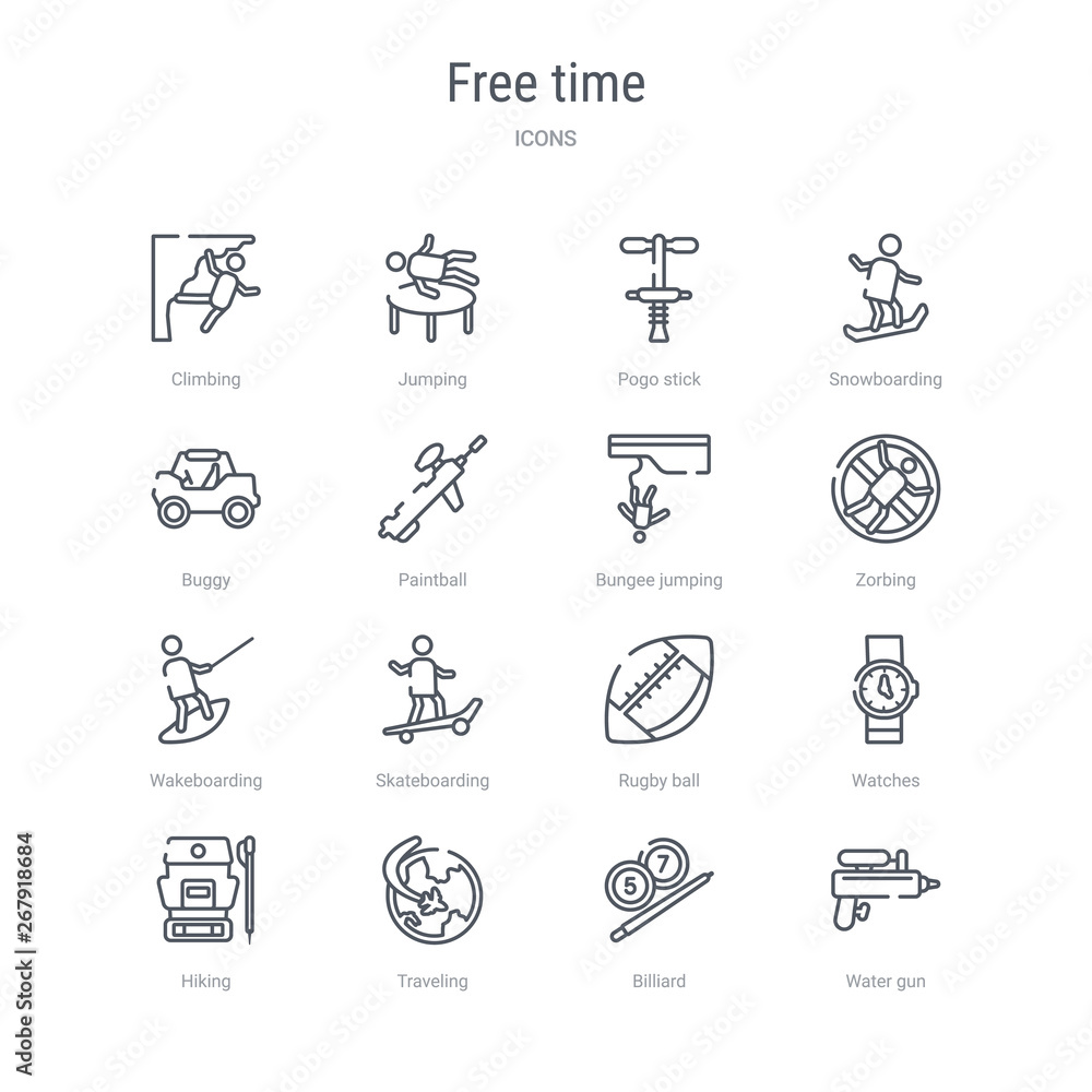 set of 16 free time concept vector line icons such as water gun, billiard, traveling, hiking, watches, rugby ball, skateboarding, wakeboarding. 64x64 thin stroke icons set of 16 free time concept vector line icons such as water gun, billiard, traveling, hiking, watches, rugby ball, skateboarding, wakeboarding. 64x64 thin stroke icons