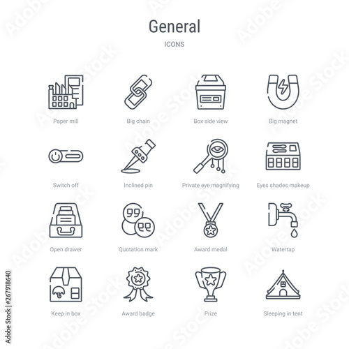 set of 16 general concept vector line icons such as sleeping in tent, prize, award badge, keep in box, watertap, award medal, quotation mark, open drawer. 64x64 thin stroke icons