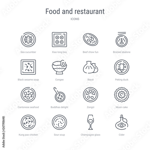 set of 16 food and restaurant concept vector line icons such as cider, champagne glass, sour soup, kung pao chicken, moon cake, zongzi, buddhas delight, cantonese seafood soup. 64x64 thin stroke