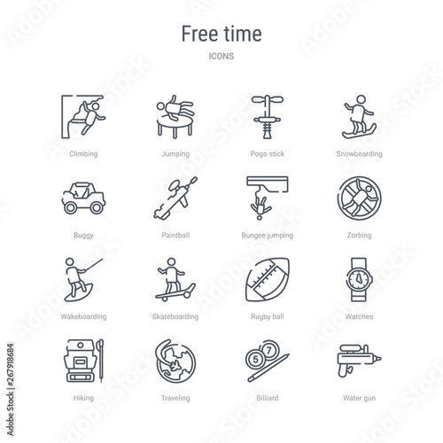set of 16 free time concept vector line icons such as water gun, billiard, traveling, hiking, watches, rugby ball, skateboarding, wakeboarding. 64x64 thin stroke icons