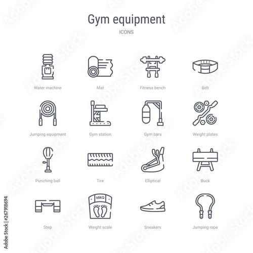 set of 16 gym equipment concept vector line icons such as jumping rope, sneakers, weight scale, step, buck, elliptical, tire, punching ball. 64x64 thin stroke icons