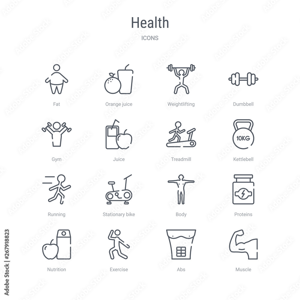 set of 16 health concept vector line icons such as muscle, abs, exercise, nutrition, proteins, body, stationary bike, running. 64x64 thin stroke icons