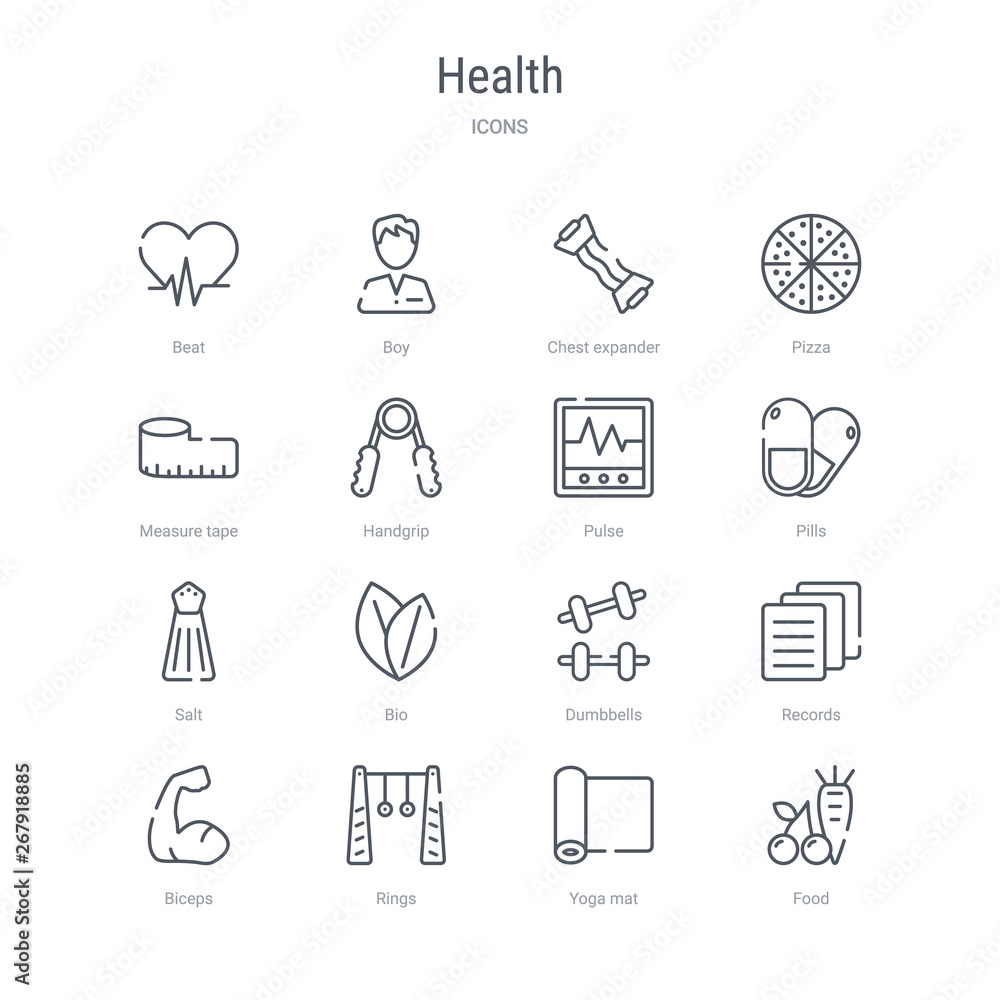 set of 16 health concept vector line icons such as food, yoga mat, rings, biceps, records, dumbbells, bio, salt. 64x64 thin stroke icons set of 16 health concept vector line icons such as food, yoga mat, rings, biceps, records, dumbbells, bio, salt. 64x64 thin stroke icons