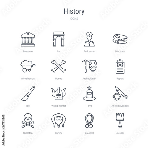 set of 16 history concept vector line icons such as brushes, bracelet, sphinx, skeleton, ancient weapon, tomb, viking helmet, tool. 64x64 thin stroke icons