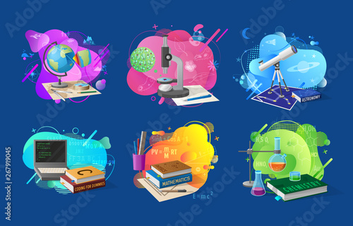 School disciplines vector, set of banners with mathematics and chemistry, coding and biology, astronomy and geography, telescope and microscope devices, science objects