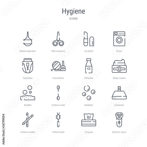 set of 16 hygiene concept vector line icons such as electric razor, tissues, toilet brush, cotton swabs, extractor, bubbles, cotton swab, bubble. 64x64 thin stroke icons