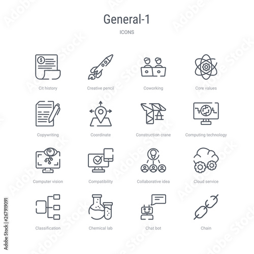 set of 16 general-1 concept vector line icons such as chain, chat bot, chemical lab, classification, cloud service, collaborative idea, compatibility, computer vision. 64x64 thin stroke icons