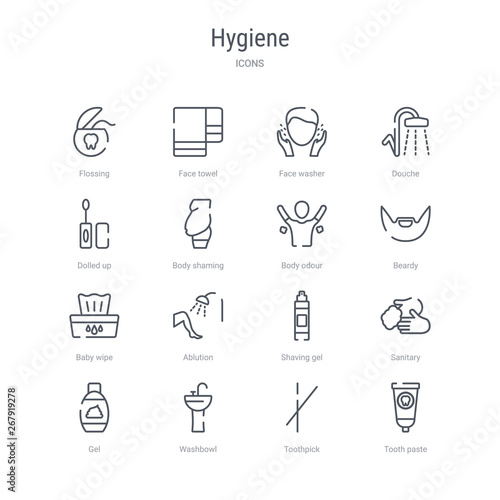 set of 16 hygiene concept vector line icons such as tooth paste, toothpick, washbowl, gel, sanitary, shaving gel, ablution, baby wipe. 64x64 thin stroke icons