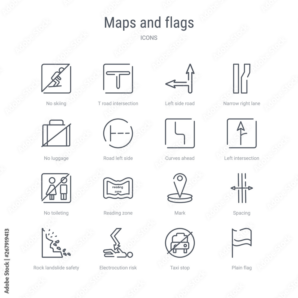 set of 16 maps and flags concept vector line icons such as plain flag, taxi stop, electrocution risk, rock landslide safety, spacing, mark, reading zone, no toileting. 64x64 thin stroke icons set of 16 maps and flags concept vector line icons such as plain flag, taxi stop, electrocution risk, rock landslide safety, spacing, mark, reading zone, no toileting. 64x64 thin stroke icons
