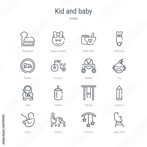 set of 16 kid and baby concept vector line icons such as baby chair, crib toy, overall, fetus, crayons, swings, feeder, seat. 64x64 thin stroke icons