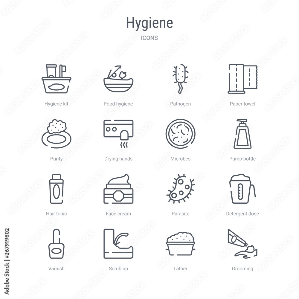 set of 16 hygiene concept vector line icons such as grooming, lather, scrub up, varnish, detergent dose, parasite, face cream, hair tonic. 64x64 thin stroke icons