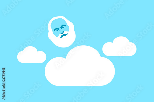 Personal existence of God - supernatural transcendent old white-bearded man is on cloud on sky. Naive personification of religious transcendence. Vector illustration