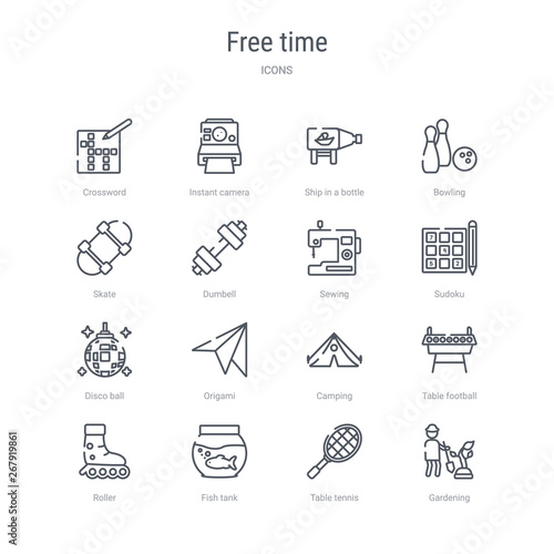 set of 16 free time concept vector line icons such as gardening, table tennis, fish tank, roller, table football, camping, origami, disco ball. 64x64 thin stroke icons