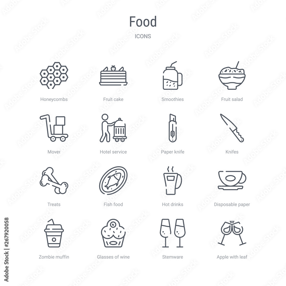 set of 16 food concept vector line icons such as apple with leaf, stemware, glasses of wine, zombie muffin, disposable paper cup, hot drinks, fish food, treats. 64x64 thin stroke icons set of 16 food concept vector line icons such as apple with leaf, stemware, glasses of wine, zombie muffin, disposable paper cup, hot drinks, fish food, treats. 64x64 thin stroke icons
