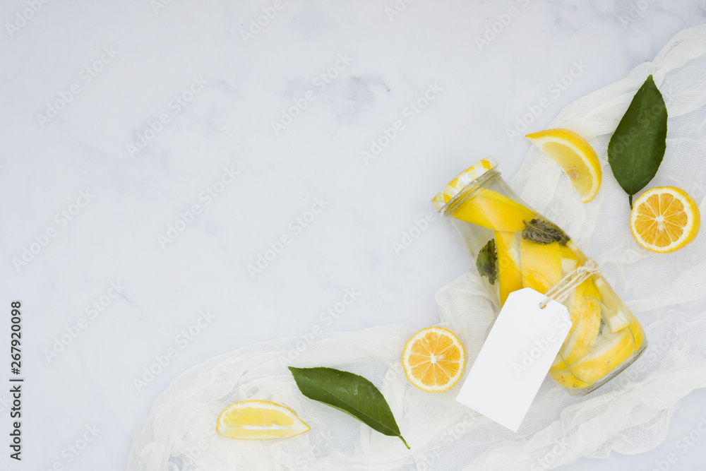 Top view lemons with lemonade Top view lemons with lemonade