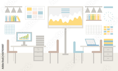 Office decorated by desktop with computer or laptop, chairs and board with chart, hanging sheets, shelves with books and lamps, empty workplace vector