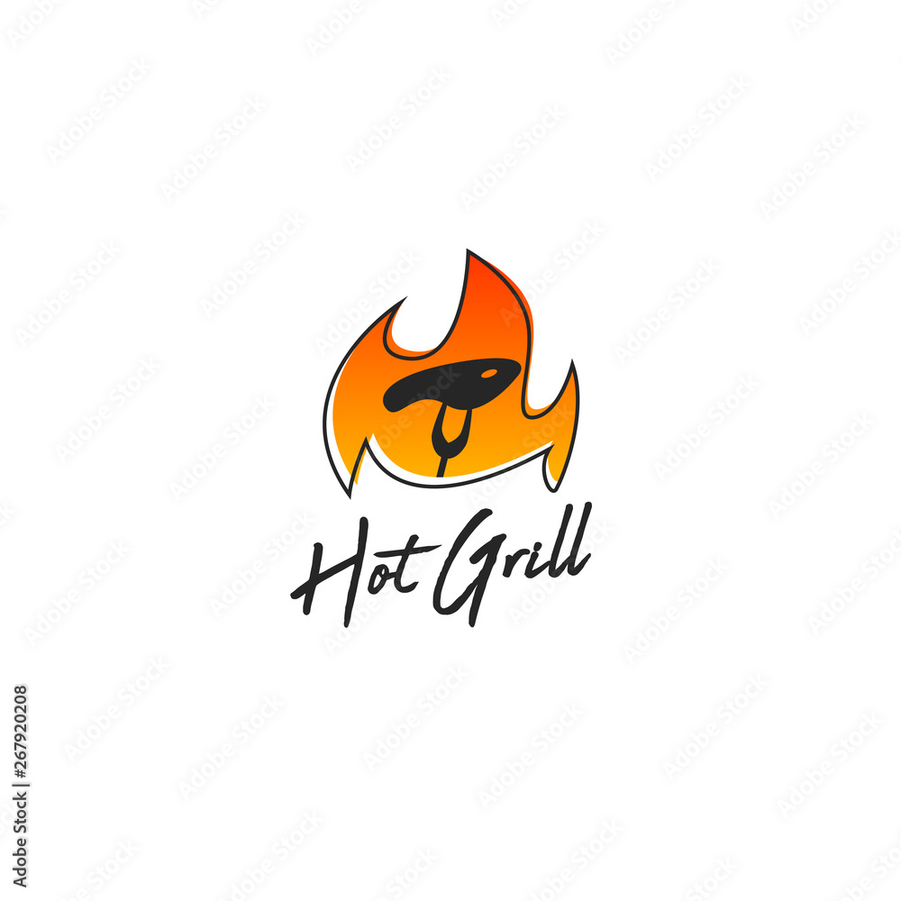 Hot grill logo icon with flame and steak on fork grilled, simple memorable icon logo Hot grill logo icon with flame and steak on fork grilled, simple memorable icon logo