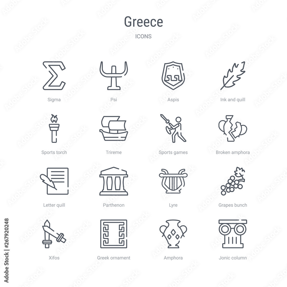 set of 16 greece concept vector line icons such as jonic column, amphora, greek ornament, xifos, grapes bunch, lyre, parthenon, letter quill. 64x64 thin stroke icons set of 16 greece concept vector line icons such as jonic column, amphora, greek ornament, xifos, grapes bunch, lyre, parthenon, letter quill. 64x64 thin stroke icons