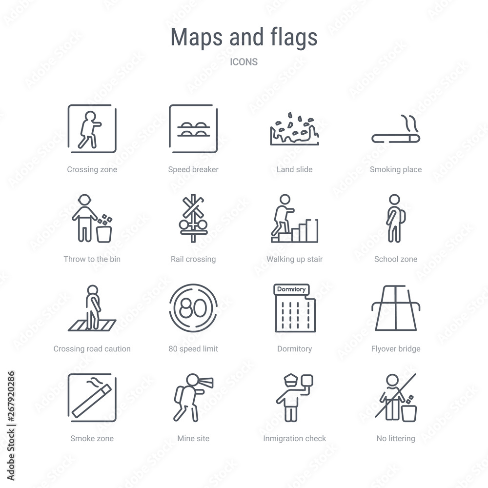 Φωτογραφία set of 16 maps and flags concept vector line icons such as no littering, inmigration check point, mine site, smoke zone, flyover bridge, dormitory, 80 speed limit, crossing road caution