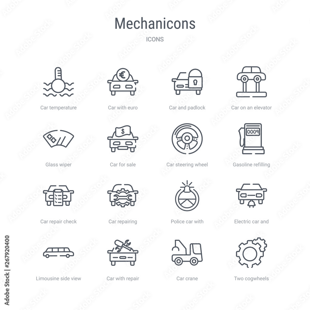 Fototapeta set of 16 mechanicons concept vector line icons such as two cogwheels, car crane, car with repair equipment, limousine side view, electric car and plug, police with steering wheel, repairing, repair