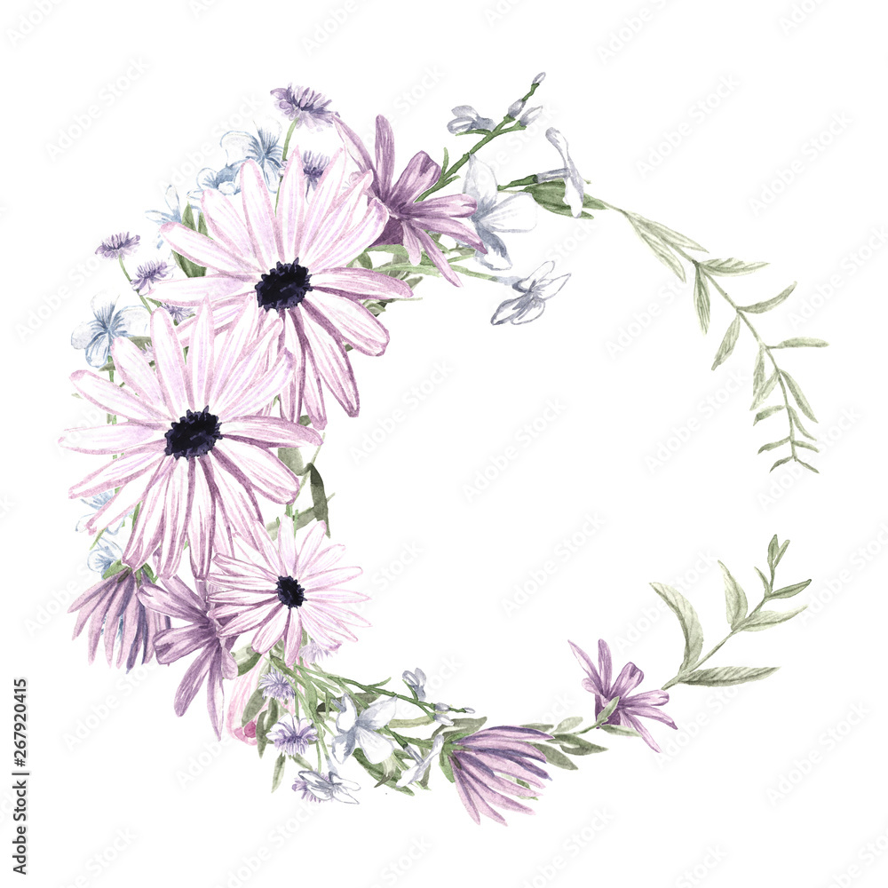 watercolor wreath of pink flowers, logo design