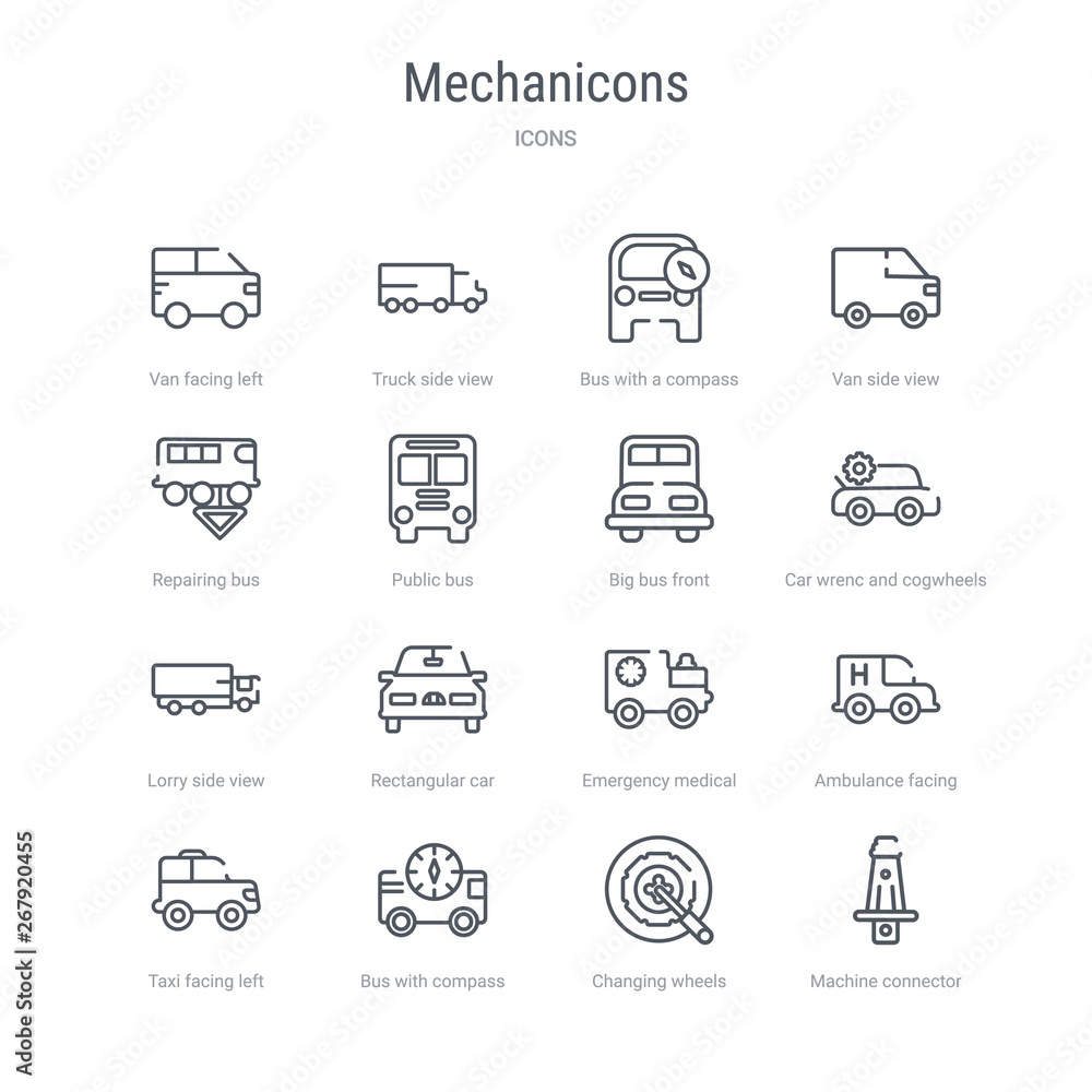 set of 16 mechanicons concept vector line icons such as machine connector plug, changing wheels tool, bus with compass, taxi facing left, ambulance facing left, emergency medical vehicle,