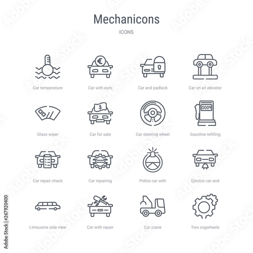 set of 16 mechanicons concept vector line icons such as two cogwheels, car crane, car with repair equipment, limousine side view, electric car and plug, police with steering wheel, repairing, repair