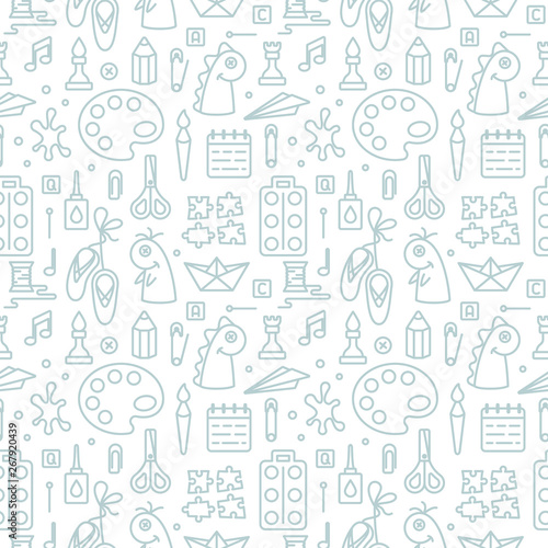 Seamless pattern with elements for kids creative lessons in linear style. Suitable for wallpaper, wrapping or textile