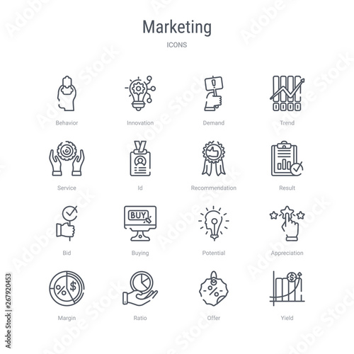 set of 16 marketing concept vector line icons such as yield, offer, ratio, margin, appreciation, potential, buying, bid. 64x64 thin stroke icons