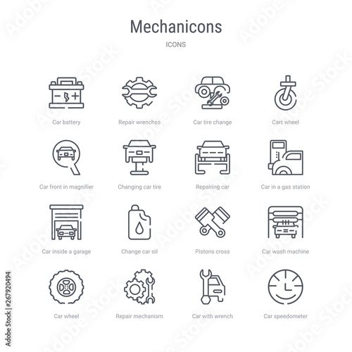 set of 16 mechanicons concept vector line icons such as car speedometer, car with wrench, repair mechanism, car wheel, wash machine, pistons cross, change oil, inside a garage. 64x64 thin stroke