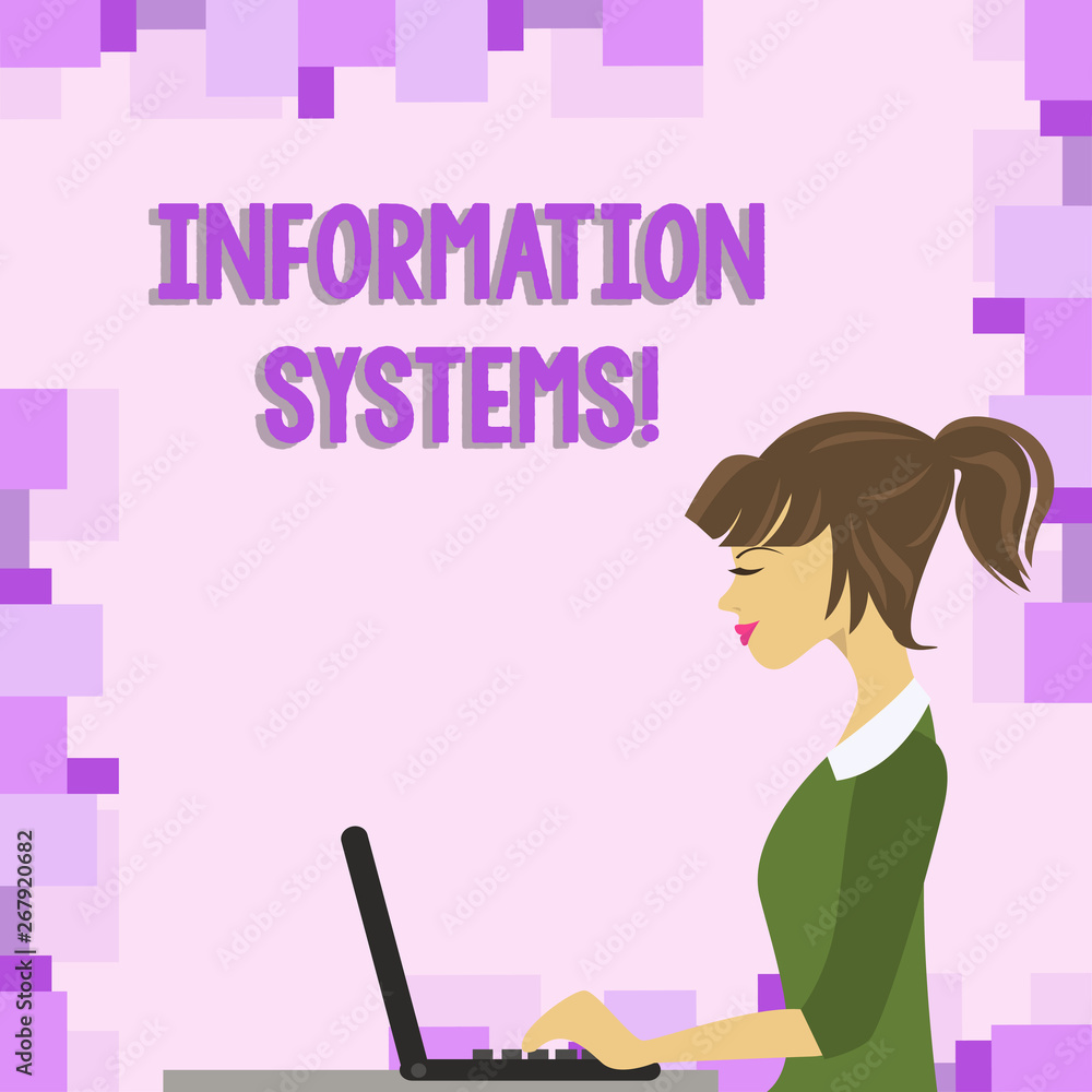 Word writing text Information Systems. Business photo showcasing study of systems with a exact reference to information photo of Young Busy Woman Sitting Side View and Working on her Laptop Word writing text Information Systems. Business photo showcasing study of systems with a exact reference to information photo of Young Busy Woman Sitting Side View and Working on her Laptop