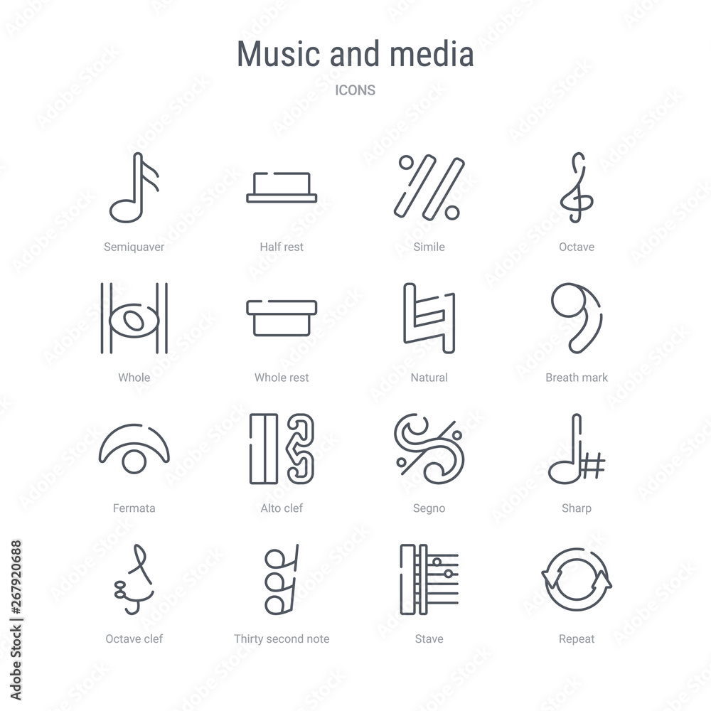 set of 16 vector icons such as repeat, stave, thirty second note rest,  octave clef, sharp