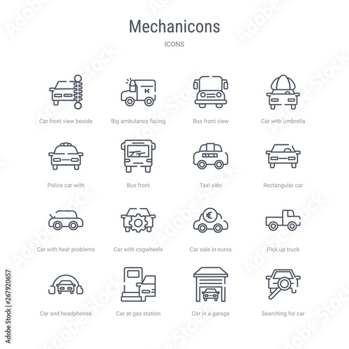set of 16 mechanicons concept vector line icons such as searching for car, car in a garage, car at gas station, and headphones, pick up truck, sale in euros, with cogwheels, with heat problems.