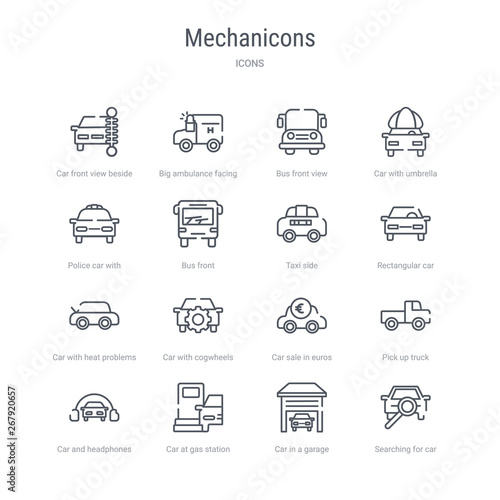 set of 16 mechanicons concept vector line icons such as searching for car, car in a garage, car at gas station, and headphones, pick up truck, sale in euros, with cogwheels, with heat problems.