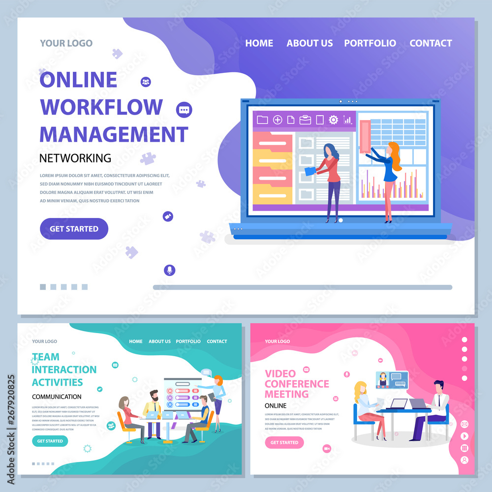 Online workflow management vector, people with screen and laptops on conference meeting of employees in office. Man and woman with board. Website or webpage template, landing page flat style