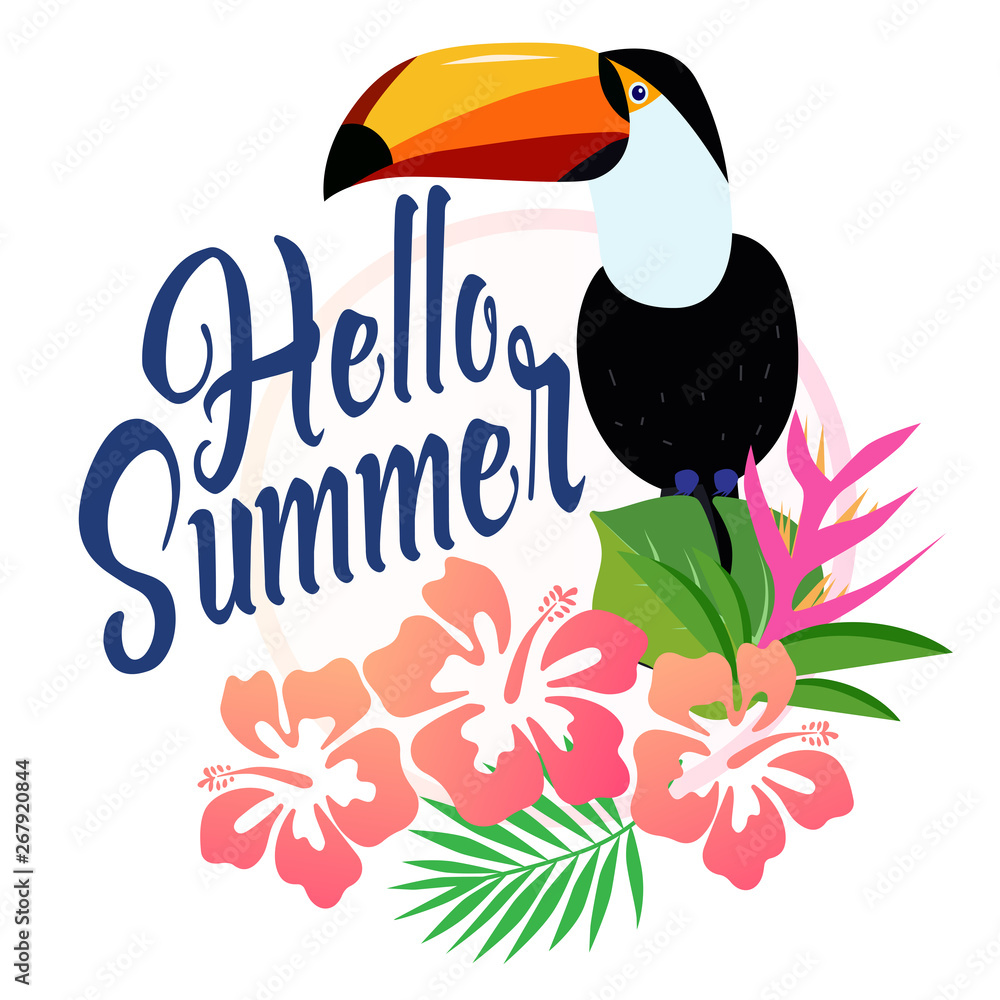 Naklejka premium Beautiful toucan with hibiscus flowers vector illustration