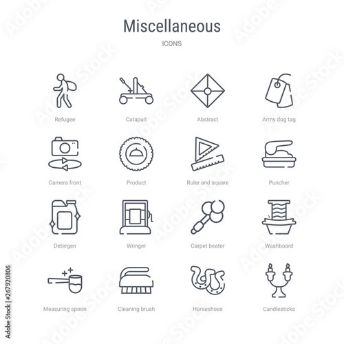 set of 16 miscellaneous concept vector line icons such as candlesticks, horseshoes, cleaning brush, measuring spoon, washboard, carpet beater, wringer, detergen. 64x64 thin stroke icons