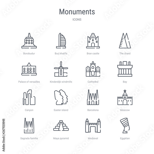 set of 16 monuments concept vector line icons such as egyptian, medieval, maya pyramid, sagrada familia building, moscow, barcelona, easter island, canyon. 64x64 thin stroke icons