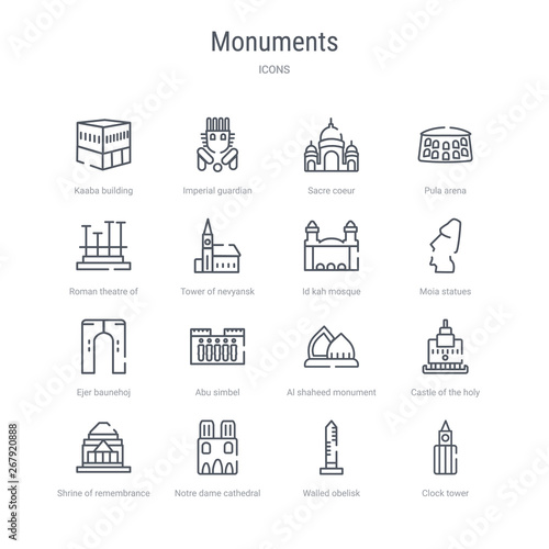 set of 16 monuments concept vector line icons such as clock tower, walled obelisk, notre dame cathedral, shrine of remembrance, castle of the holy angel in rome, al shaheed monument, abu simbel,